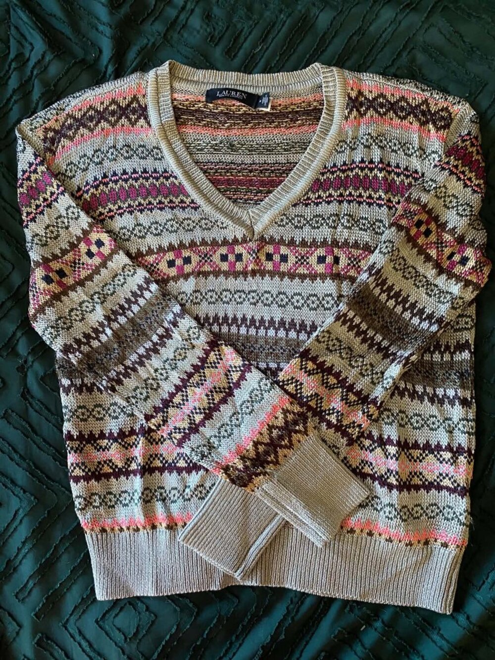 Ralph Lauren Pink & Metallic Fair Isle V-Neck Sweater Size M